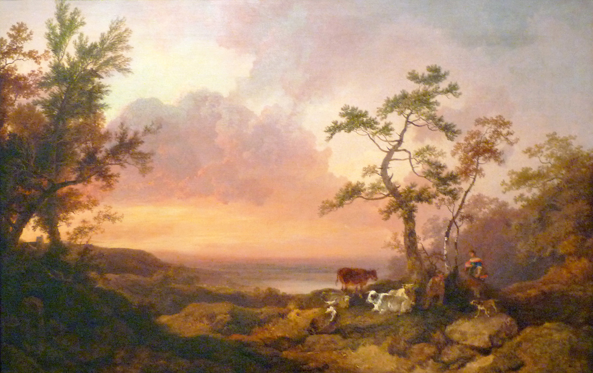 a sunset on a lake with a herd a shepherd and a peasant woman